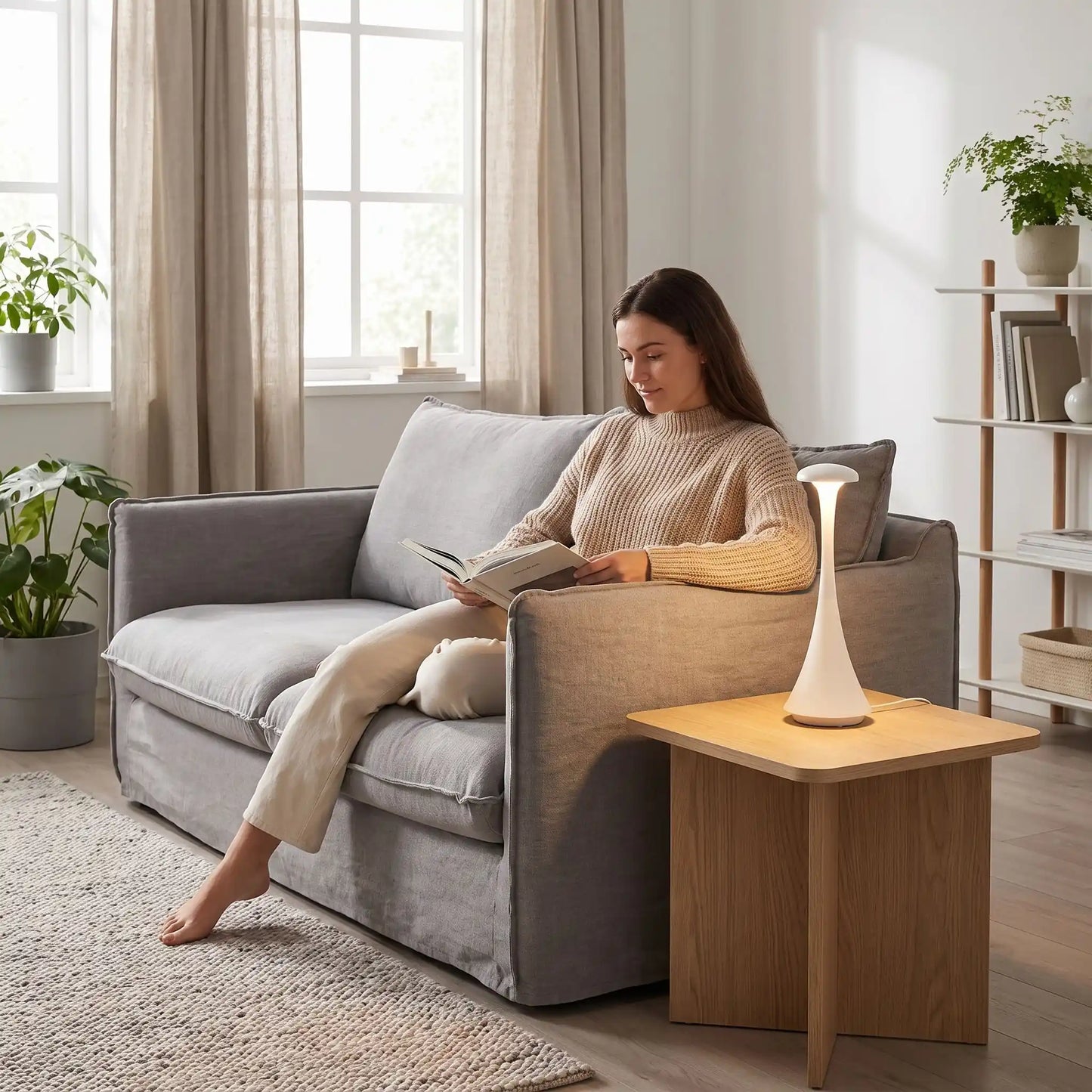lampe champignon blanche femme lisant sur un canapé