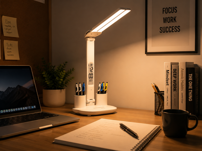 Lampe bureau éclairant un ordinateur portable et des livres