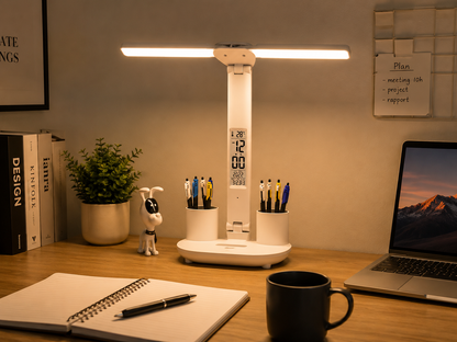 Lampe bureau sur table en bois avec cahier table ordinateur