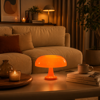 lampe champignon orange sur une table dans un salon