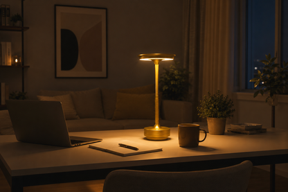 lampe de table sans fil allumée sur bureau