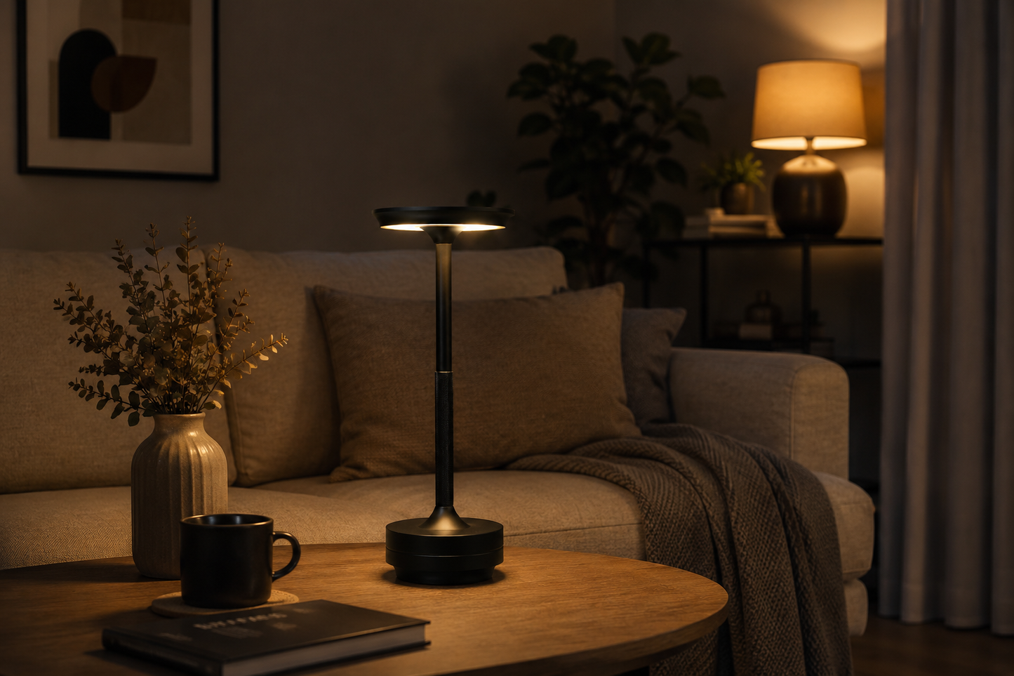 lampe de table sans fil noire allumée dans un salon