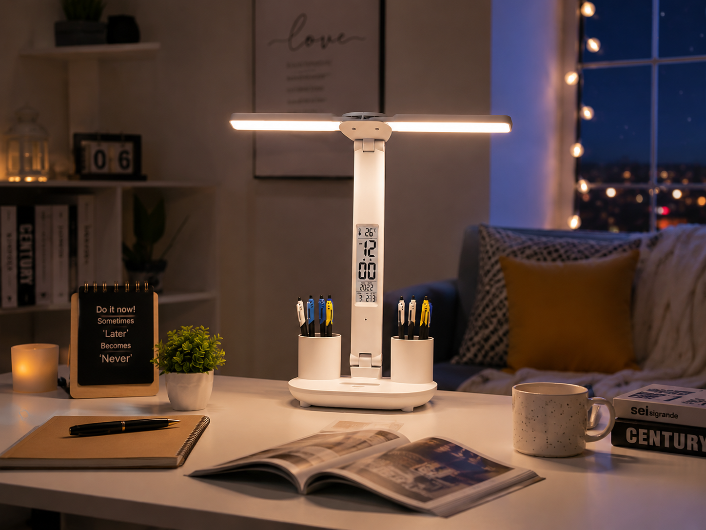 Lampe bureau sur table blanche dans un salon chaleureux