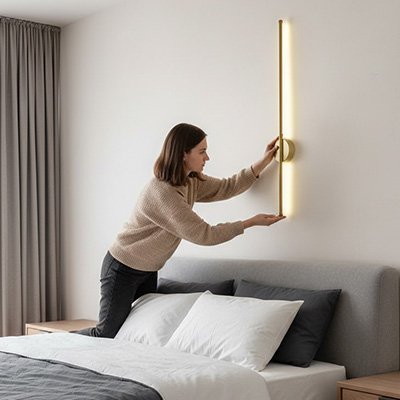 femme place une applique murale led dans une chambre