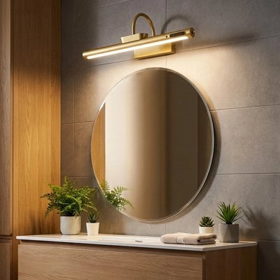 Applique murale salle de bain dorée miroir rond plantes vertes