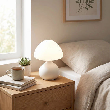 lampe de table champignon sur table de chevet