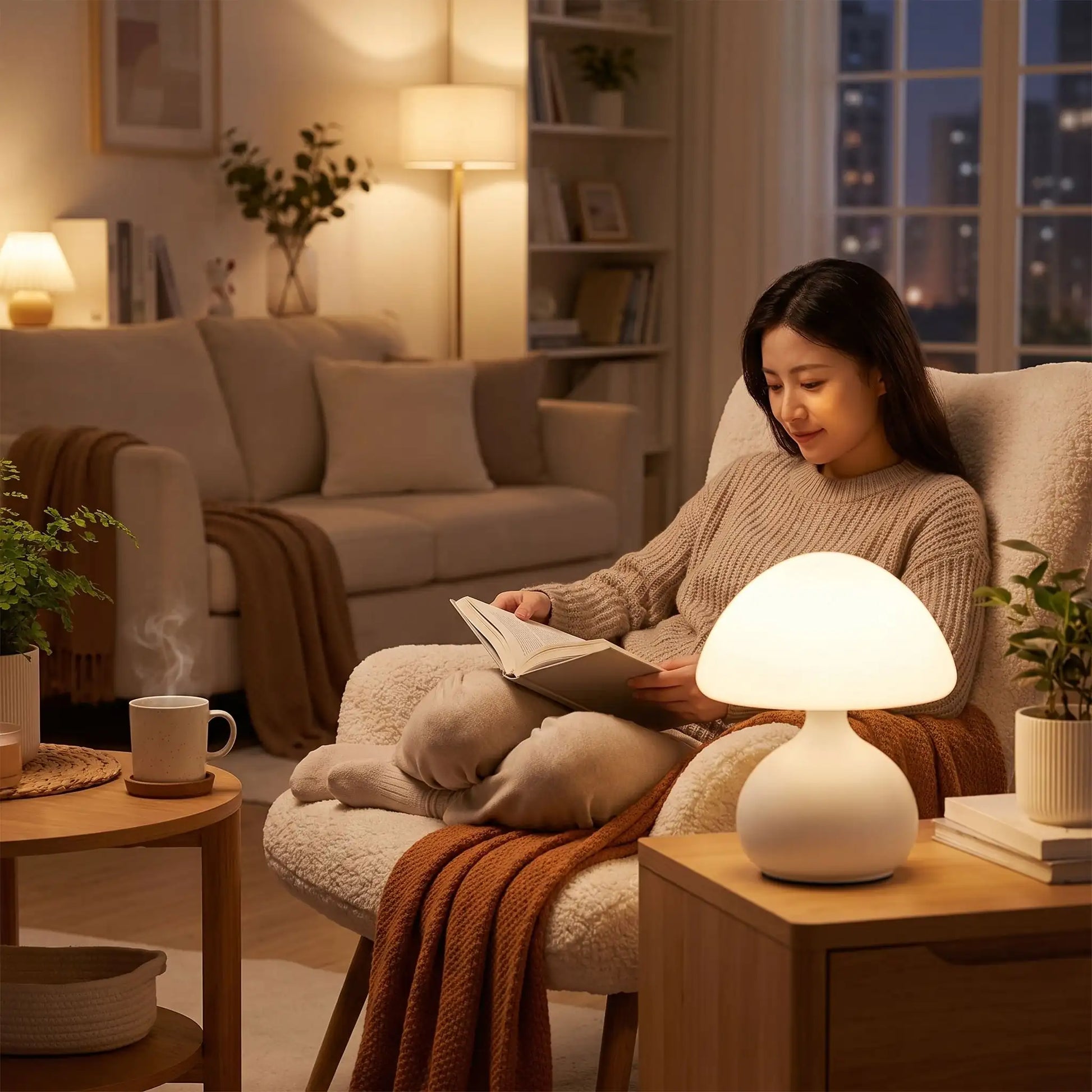 femme lit avec sa lampe de table champignon