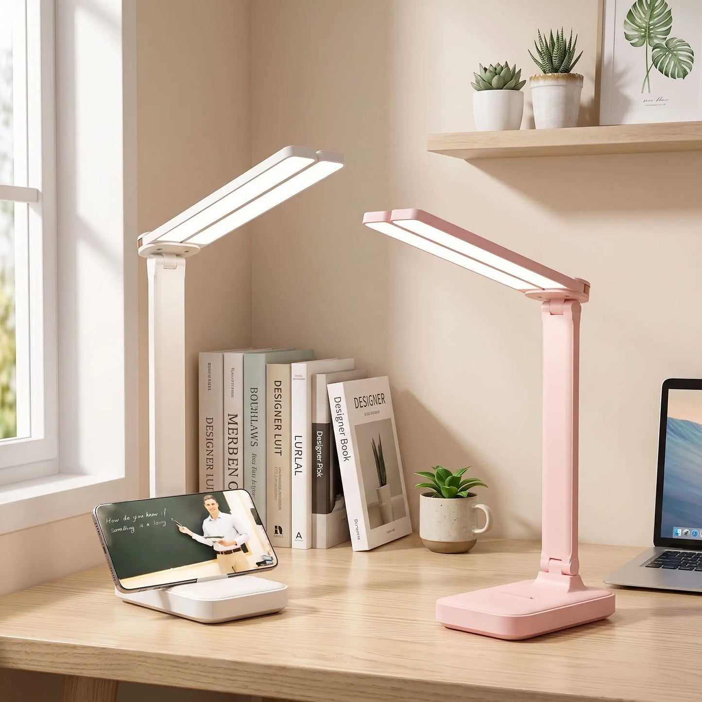 lampes de bureau rose et blanche sur un bureau