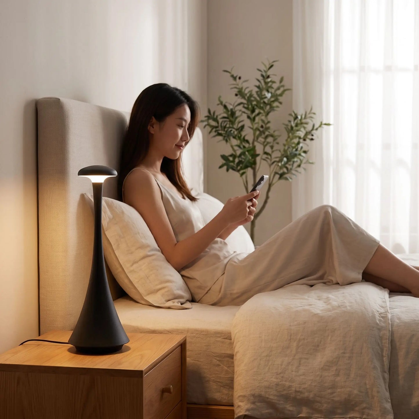 lampe champignon noire femme regardant smartphone au lit