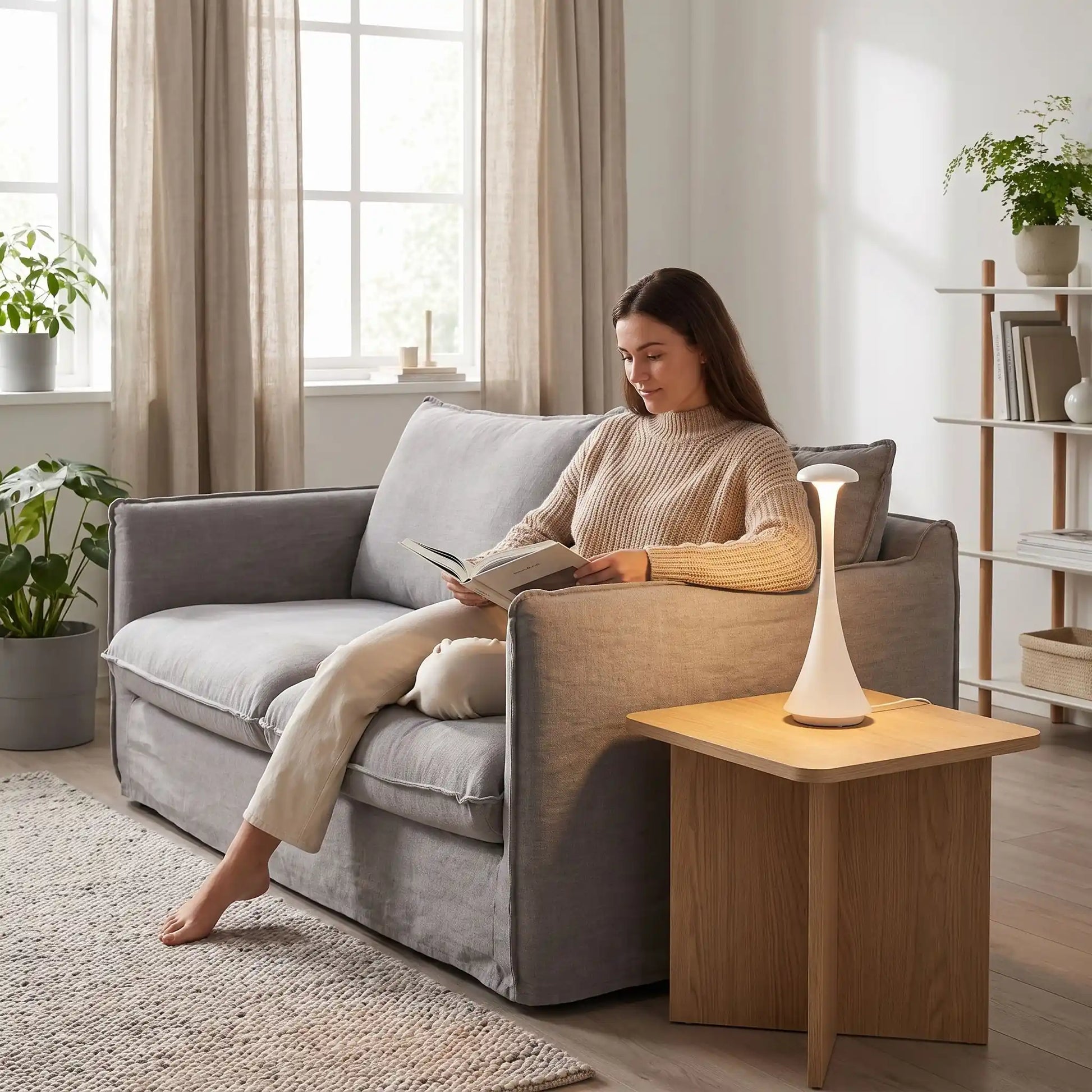 lampe champignon blanche femme lisant sur un canapé