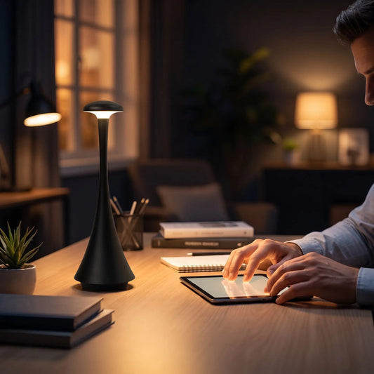 lampe champignon noire homme utilisant une tablette lumineuse