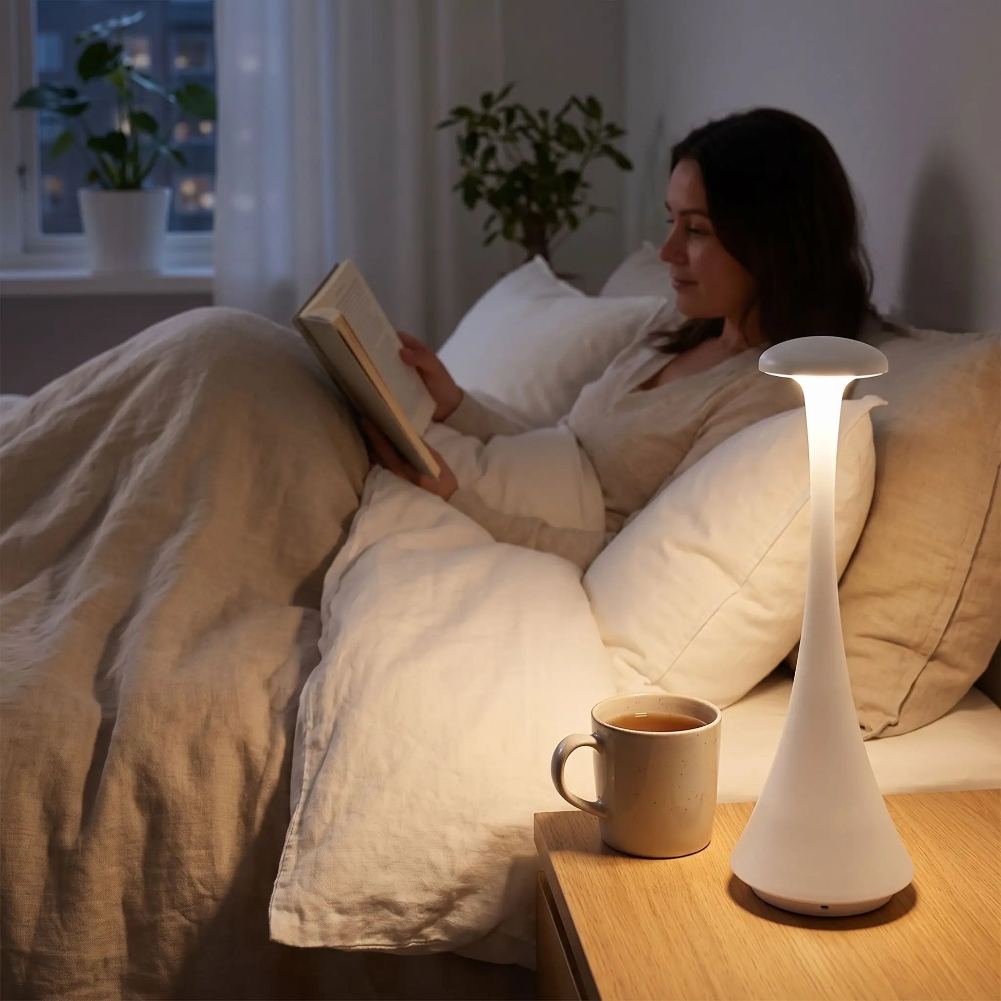 lampe champignon blanche éclairant femme lisant dans son lit