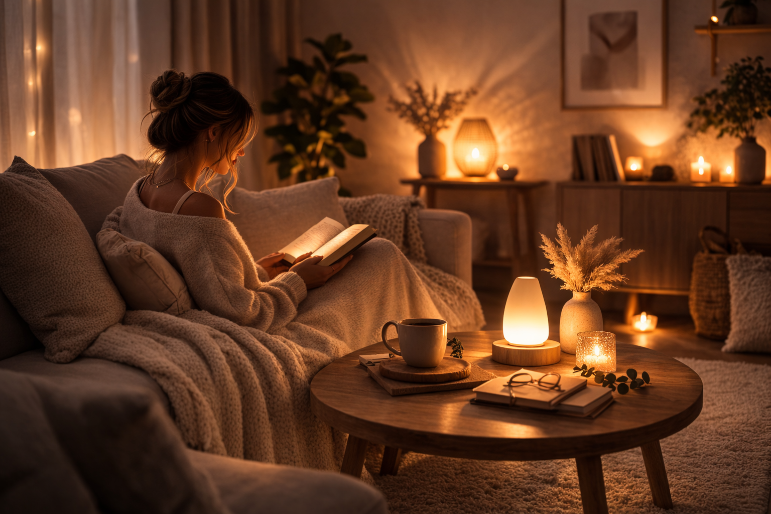 Lecture apaisee dans un interieur chaleureux ambiance cocooning et lumiere douce